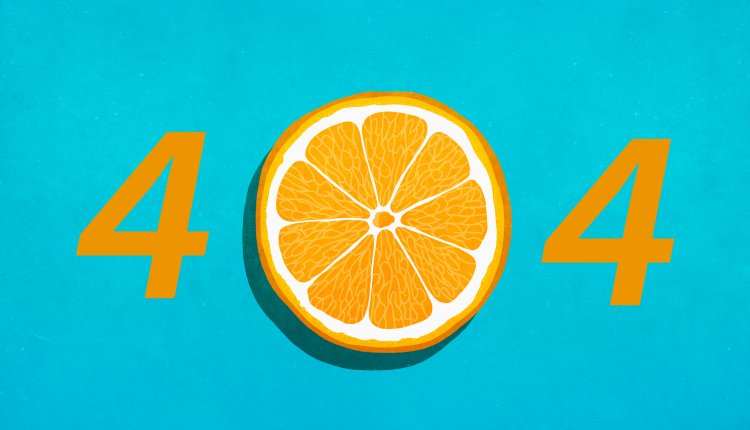 404, waarbij de 0 een sinaasappelschijfje is